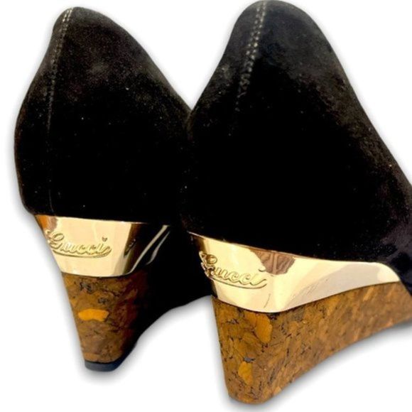 Gucci Shoes - Authentic GUCCI Black Suede Peep Toe Logo Wedges